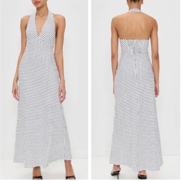 BEST Reformation Delilah Linen Maxi Dress Sz4 Eclipse Dot Polka Vacation Halter - Picture 2 of 3